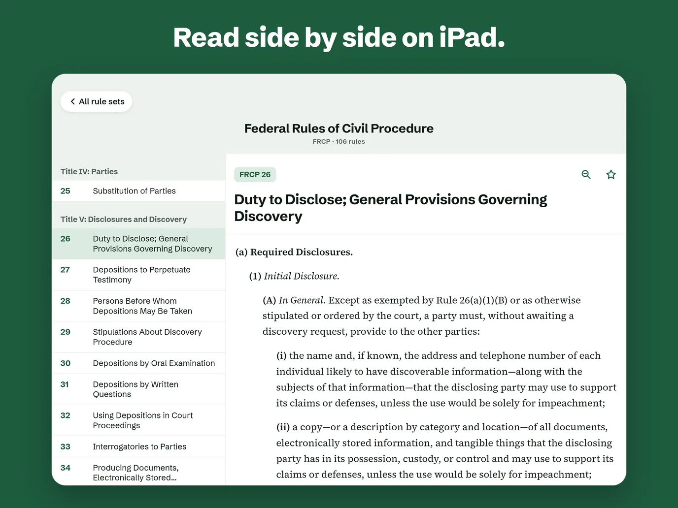 On iPad, the list of Civil Rules beside Rule 26.