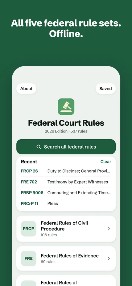 The library: all five federal rule sets, available offline.