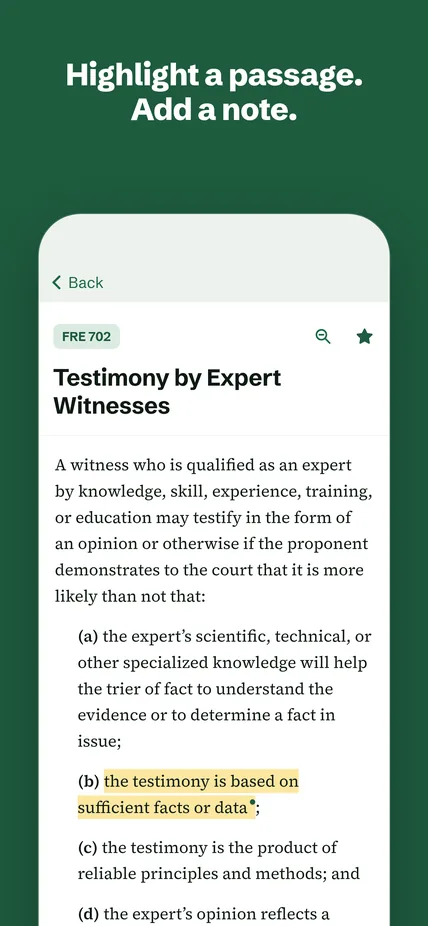 Federal Rule of Evidence 702 with a highlighted passage and a note.